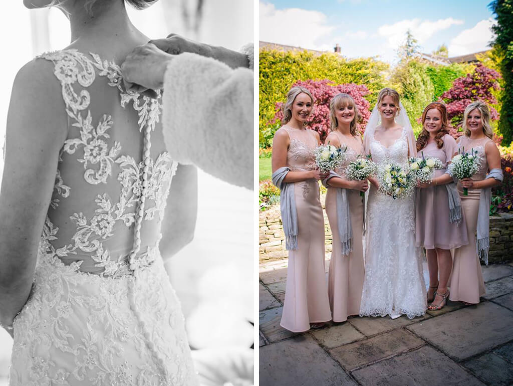 The bride wore a beautiful lace wedding dress and the bridesmaids wore delicate nude-coloured dresses