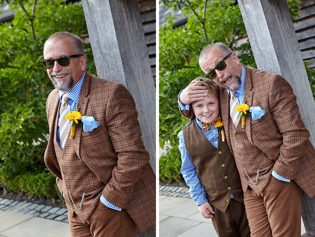 Grooms brown tweed suit with yellow buttonhole