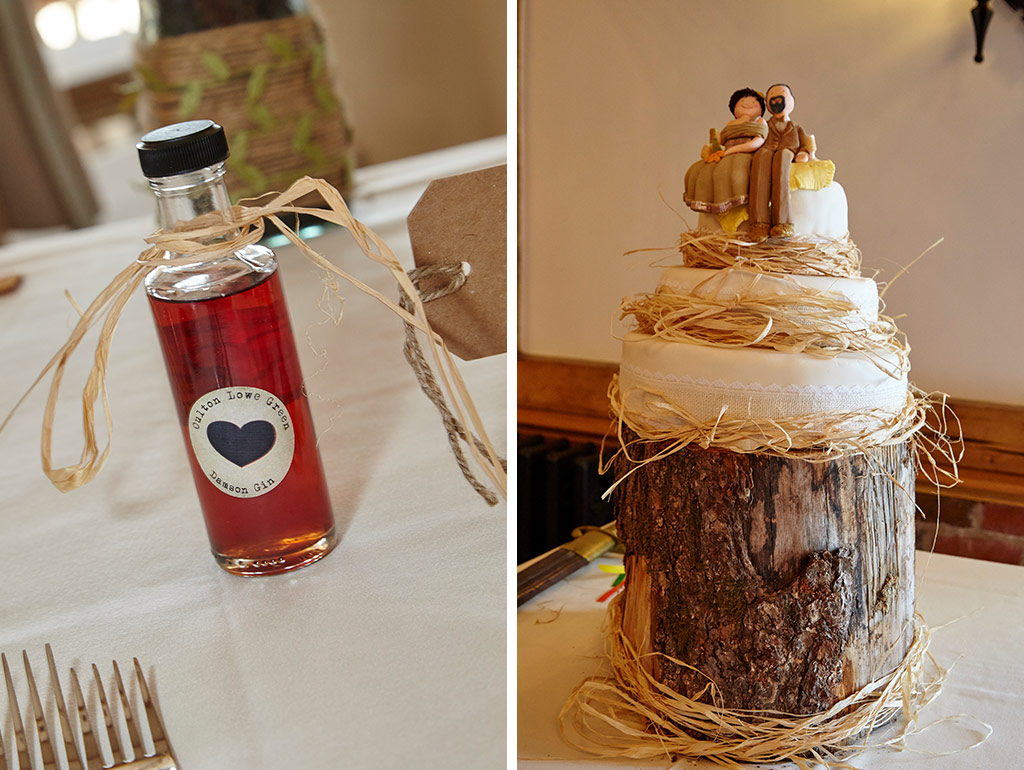 Wedding cake with hay detail and bottle wedding favour