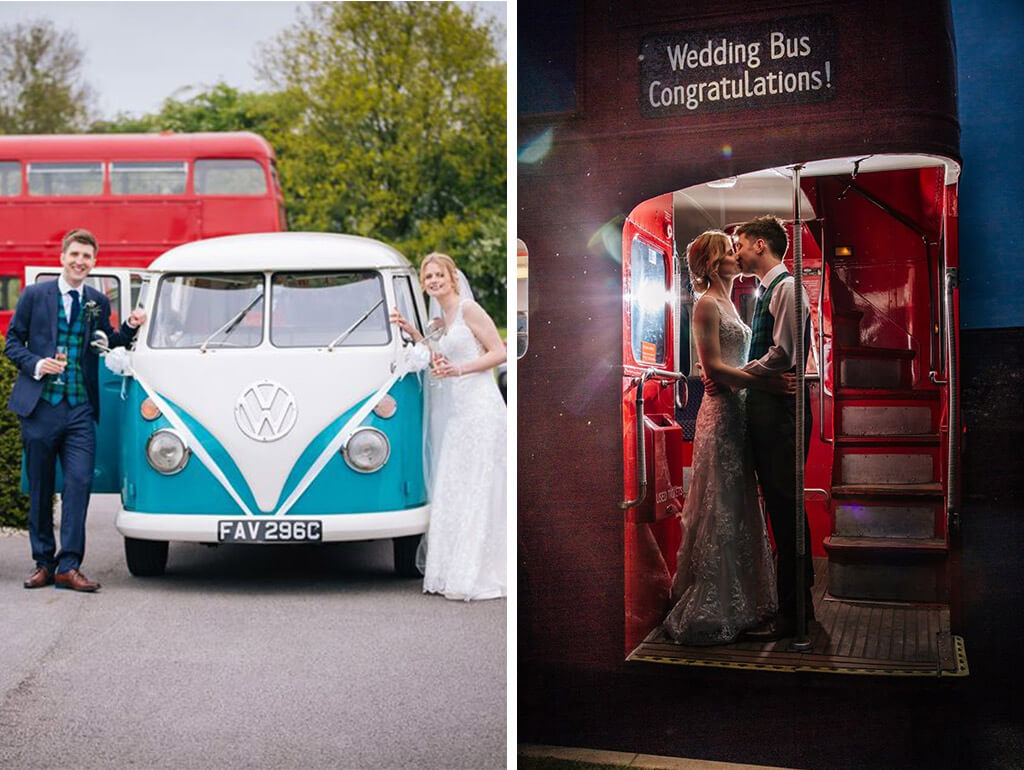 The couple arrived at the stunning Cheshire wedding venue in a VW Campervan and guests in a red double-decker bus