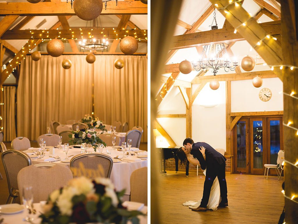Bride and groom dancing under open wooden beams