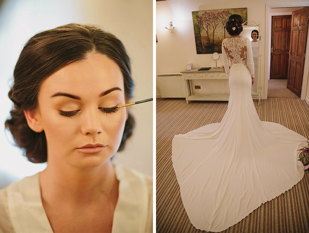 The bride gets ready for the day ahead in the boutique bridal preparation room at Sandhole Oak Barn in Cheshire