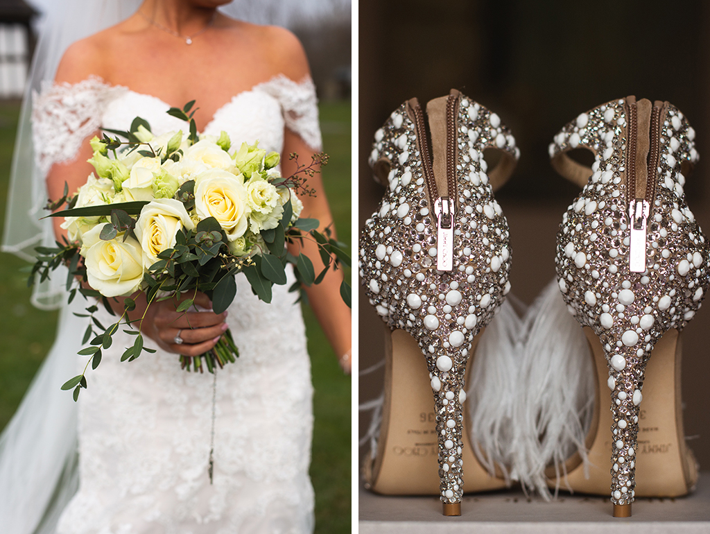 The bride’s bouquet was made of beautiful cream roses and lush foliage and her stunning Jimmy Choo wedding shoes were embellished with beads and feathers at his barn wedding in Cheshire