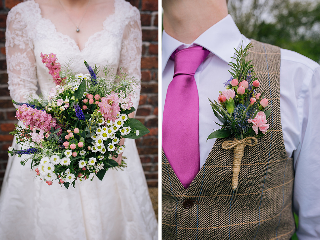 The bridal bouquet was a pretty mix of daisies and pretty spring flowers at this barn wedding in Cheshire