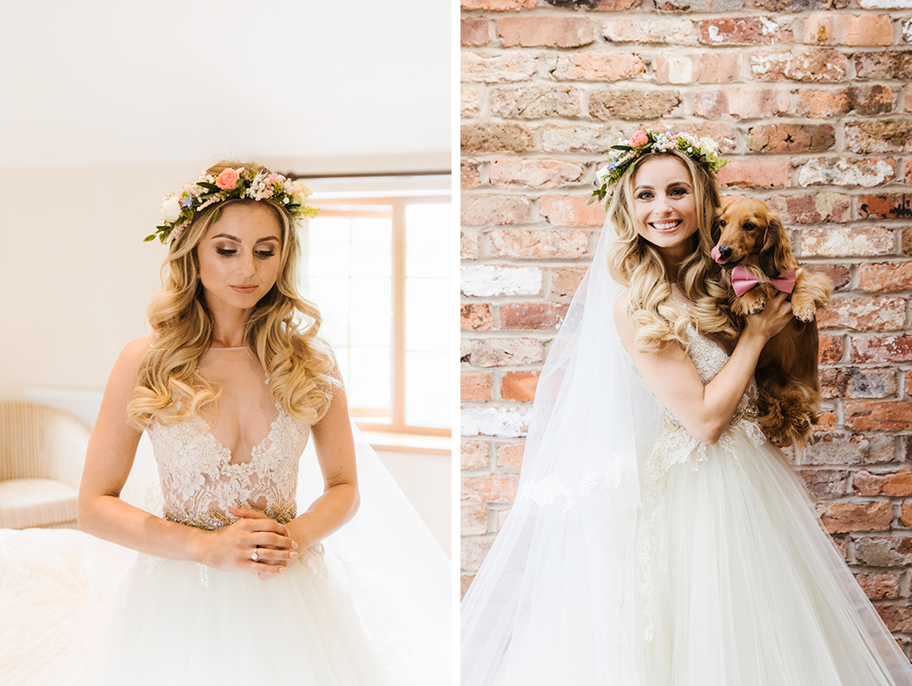 The bride wore a stunning lace top wedding gown with a magnificent tulle skirt and a pretty floral crown