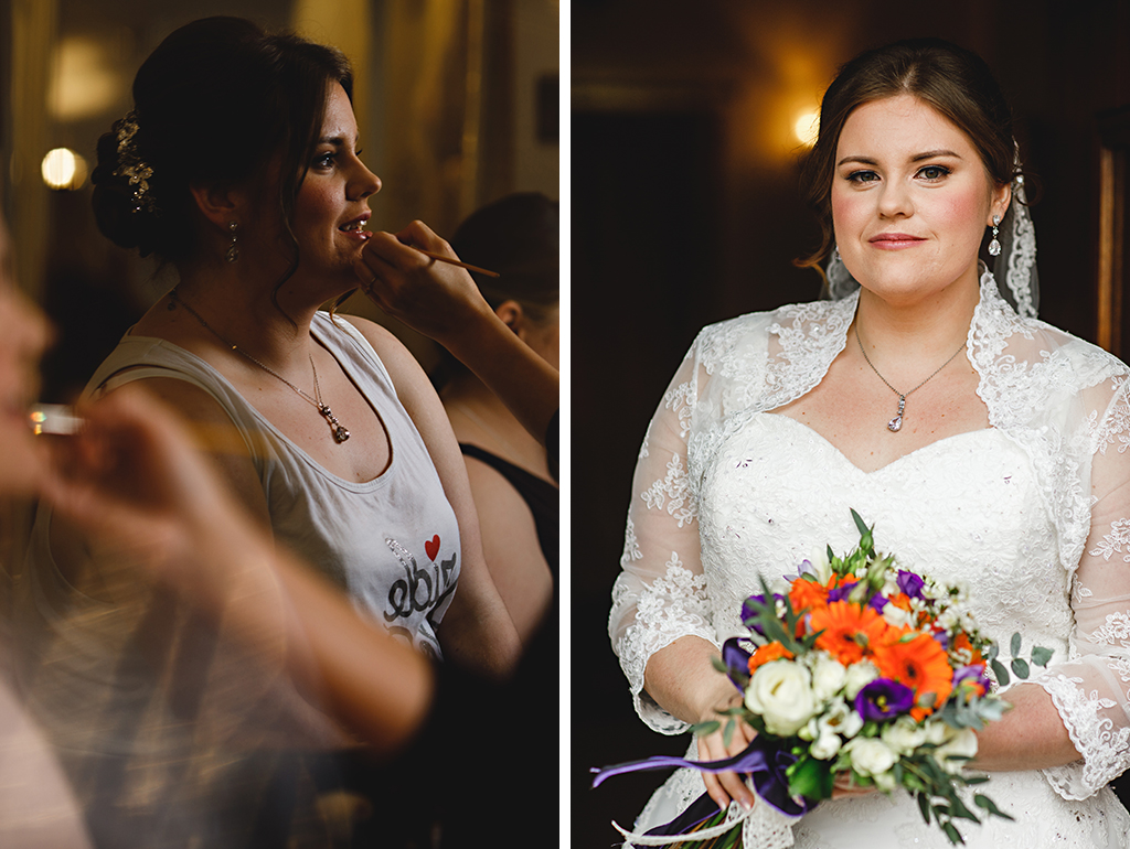 The brides make-up was kept beautifully natural and she wore a delicate lace bolero with a sweetheart wedding dress
