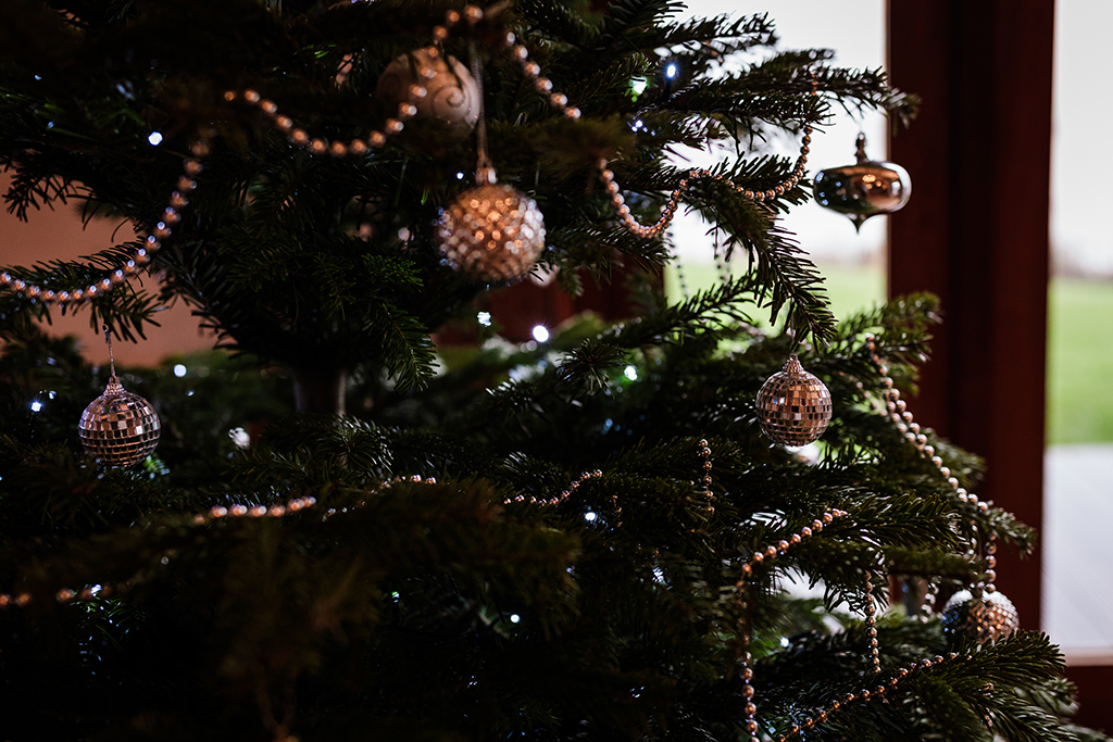 Christmas trees are perfect for a fabulously festive winter wedding at Sandhole Oak Barn in Cheshire