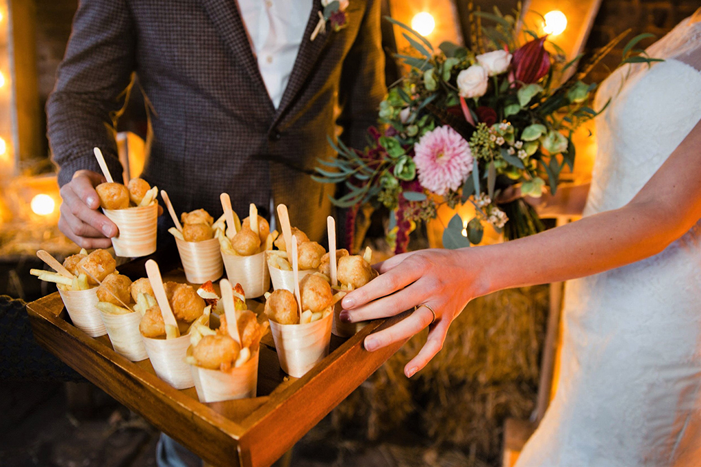 Delicious fish and chip cones were served at the wedding evening at this Cheshire wedding venue