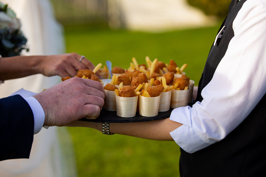 Mini fish and chip cones were served at this wedding in Sandhole Oak Barn