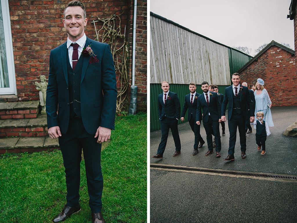 The groom and groomsmen wore navy 3-piece suits and burgundy ties at this winter wedding at Sandhole Oak barn near Manchester