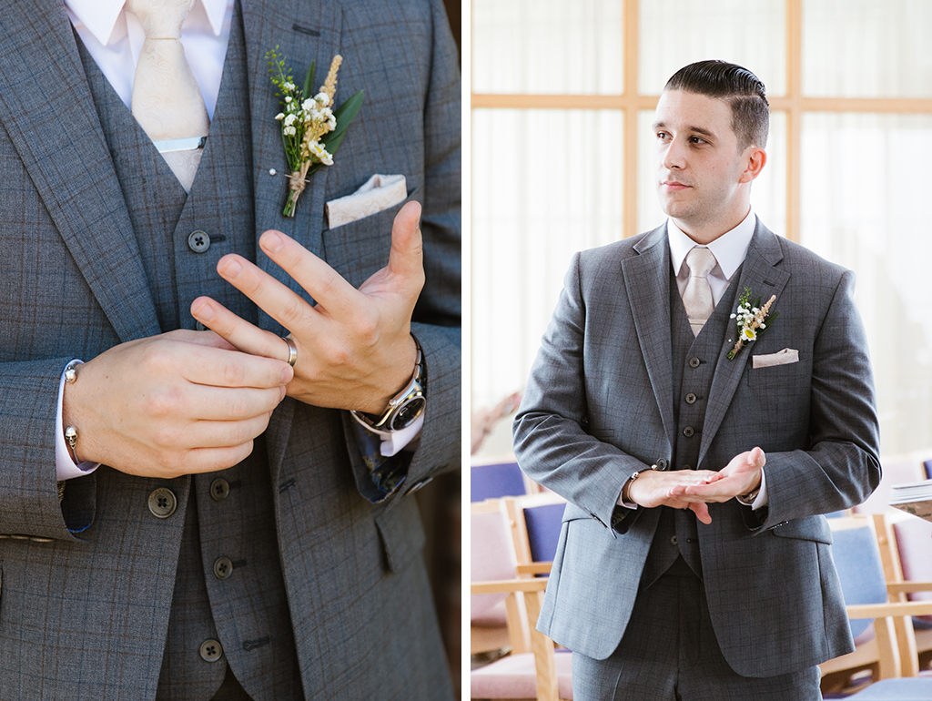 The groom wore a grey check three-piece wedding suit for his wedding at Sandhole Oak Barn near Manchester