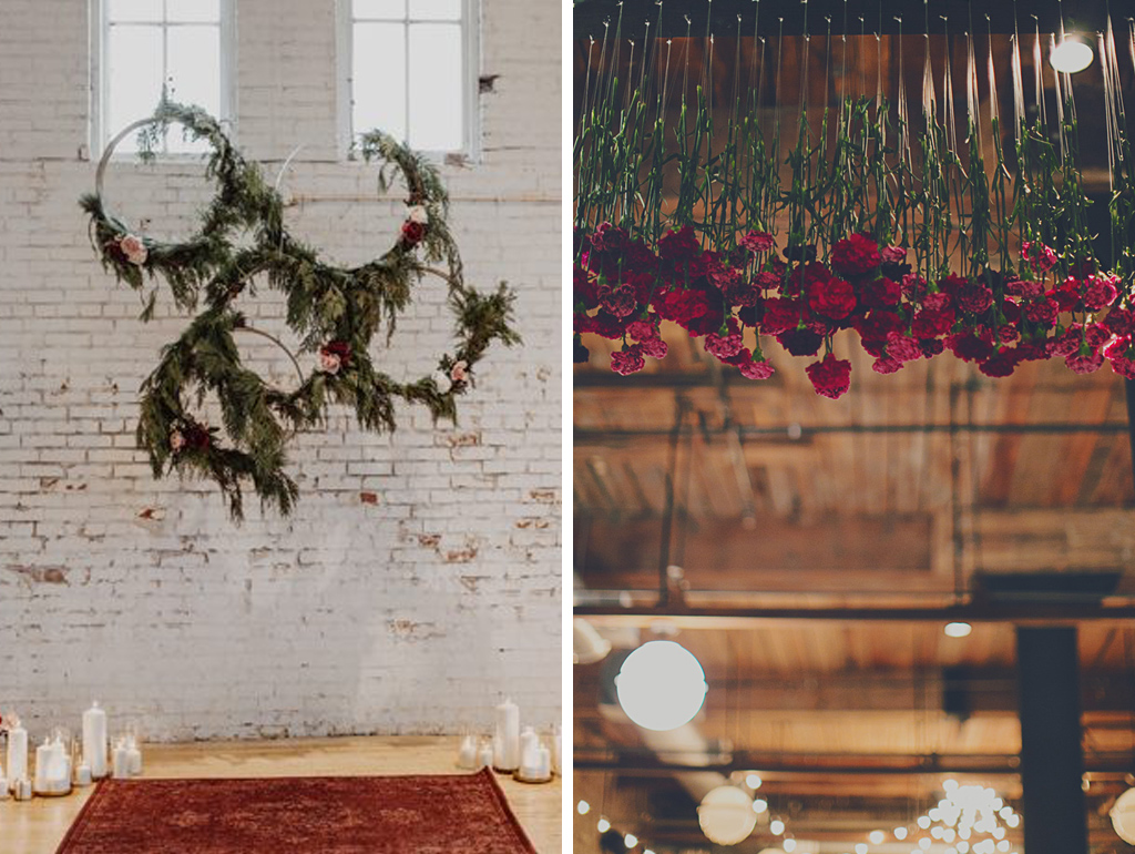 Hang romantic red roses frim the beams of the barn at your rustic wedding at Sandhole Oak Barn in Cheshire
