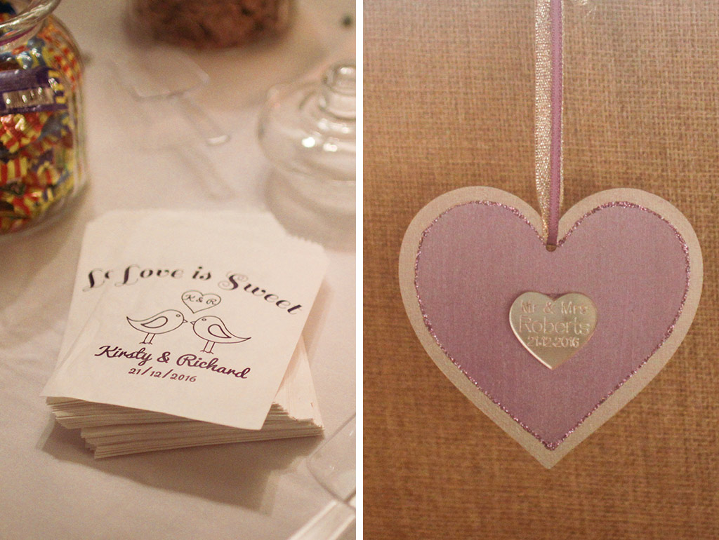 Purple heart decorations at Kirsty and Richard's wedding at Sandhole Oak Barn