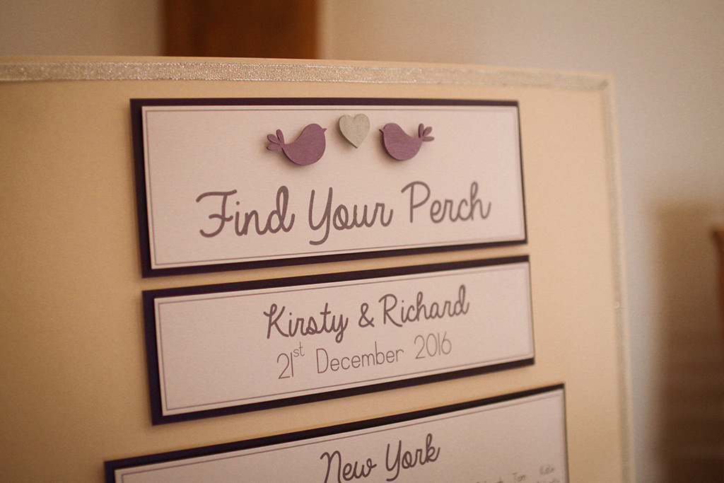 Purple bird table plan at Kirsty and Richard's real life wedding at Sandhole Oak Barn