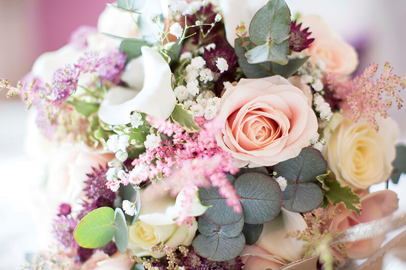Micaela's pink, white and maroon floral bouquet
