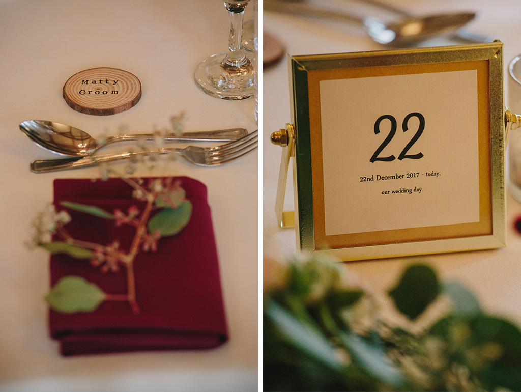 Mini wood slices were used as place names and tables numbers were displayed in gold frames at this winter wedding in the North West