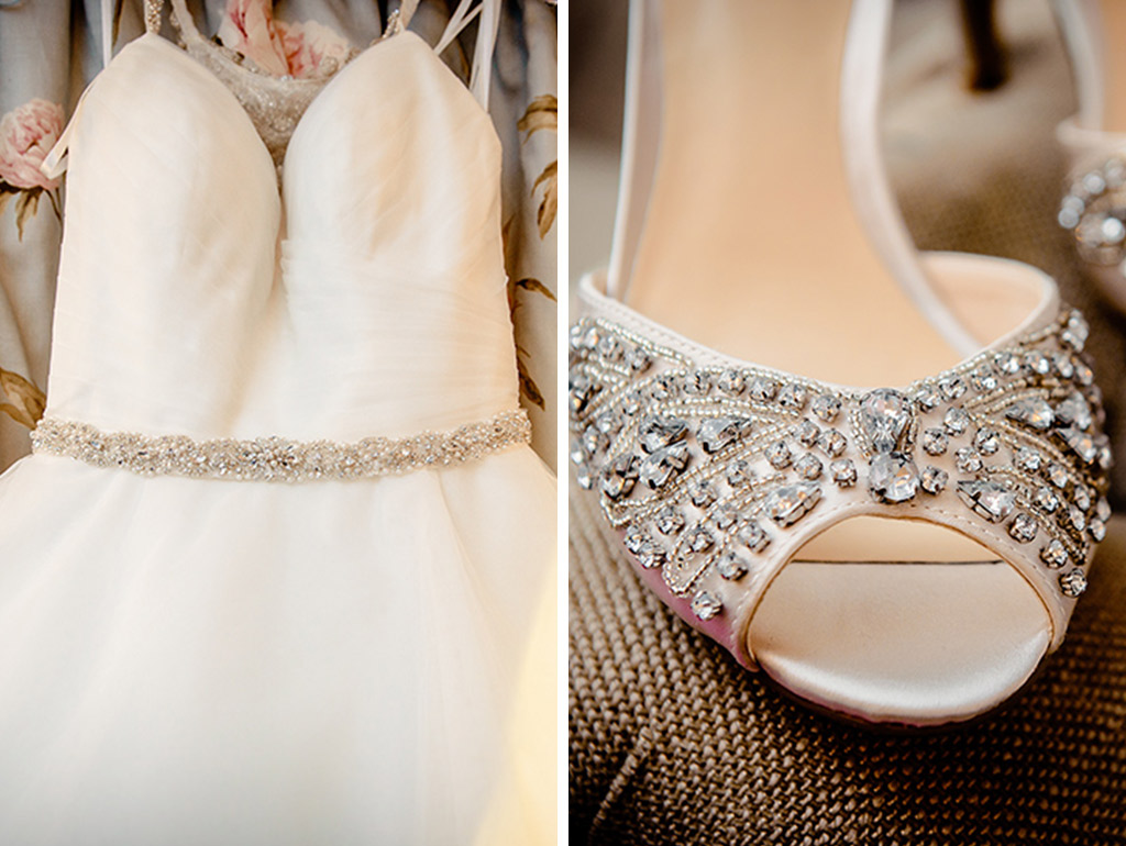 Pretty lace dress and sparkly shoes at Rebecca and Graeme's wedding at Sandhole Oak Barn