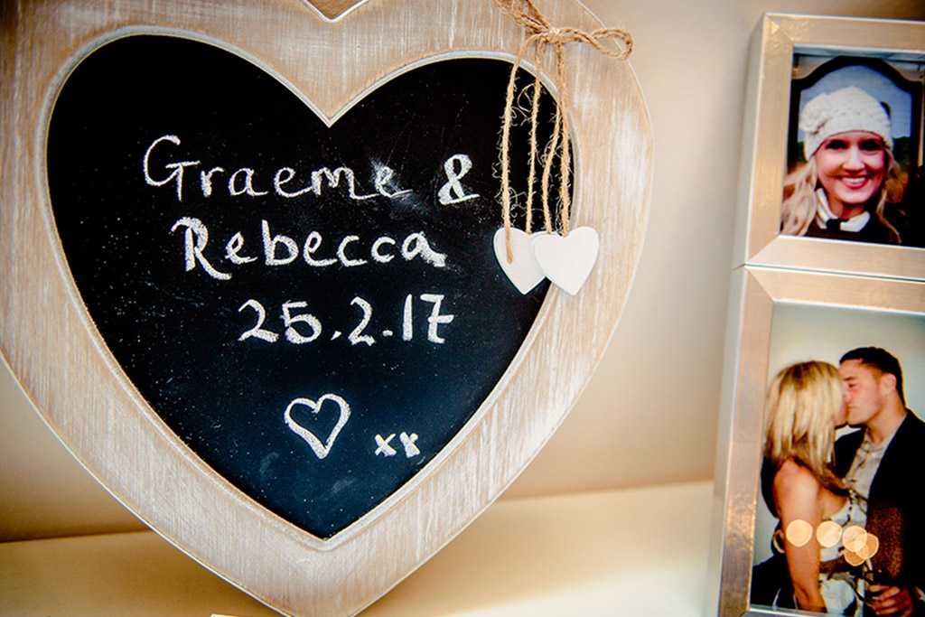 Chalk board sign at Rebecca and Graeme's wedding at Sandhole Oak Barn