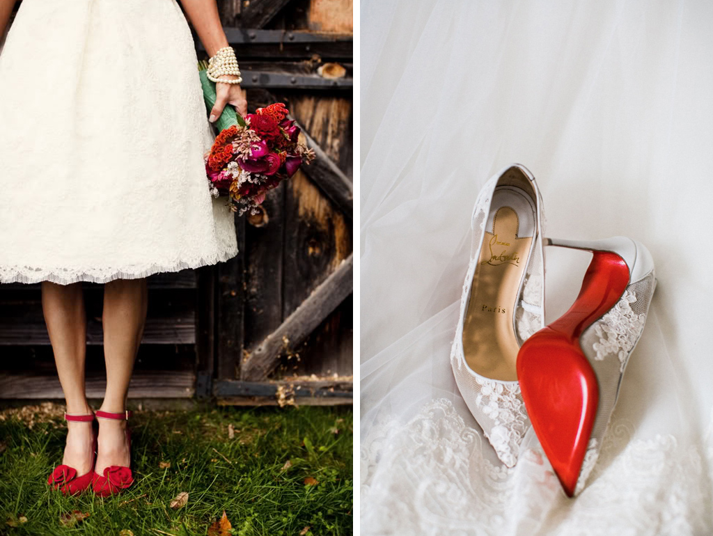 Red shoes are the perfect valentine wedding accessory for your barn wedding at Sandhole Oak Barn