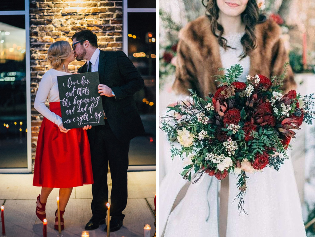 A red skirt would be perfect for a valentine wedding and a warm shrug keeps the chills away at your winter wedding at Sandhole