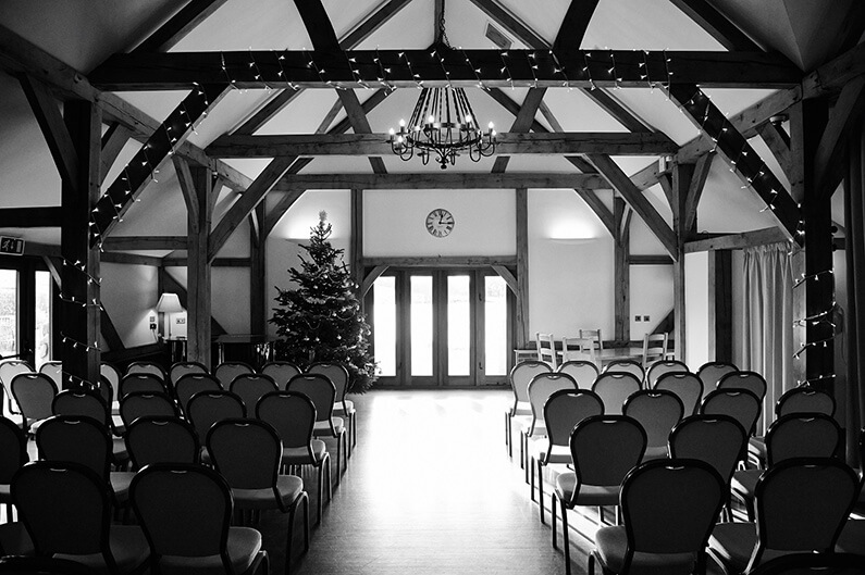 Set up for a Christmas wedding ceremony at Sandhole Oak Barn