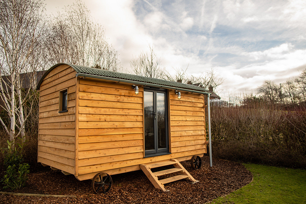 The shepherds hut wedding preparation room at Sandhole Oak Barn in Cheshire