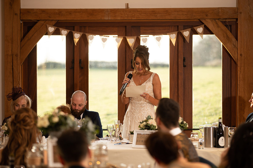 The bride makes her own speech for at the wedding reception at Sandhole Oak Barn Cheshire