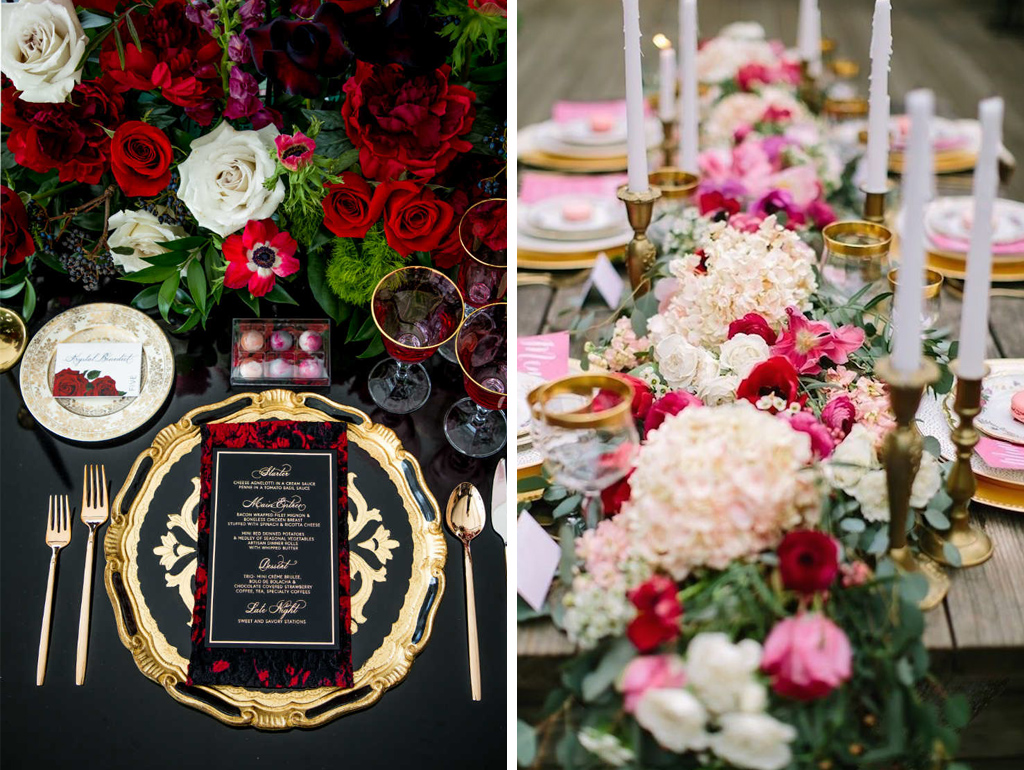 These pretty wedding table arrangements would suit a valentine wedding at Sandhole Oak Barn perfectly