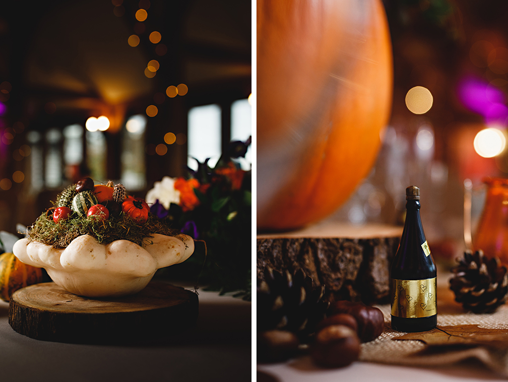 Wood slices and seasonal natural items decorated the tables at this Autumn barn wedding in Cheshire