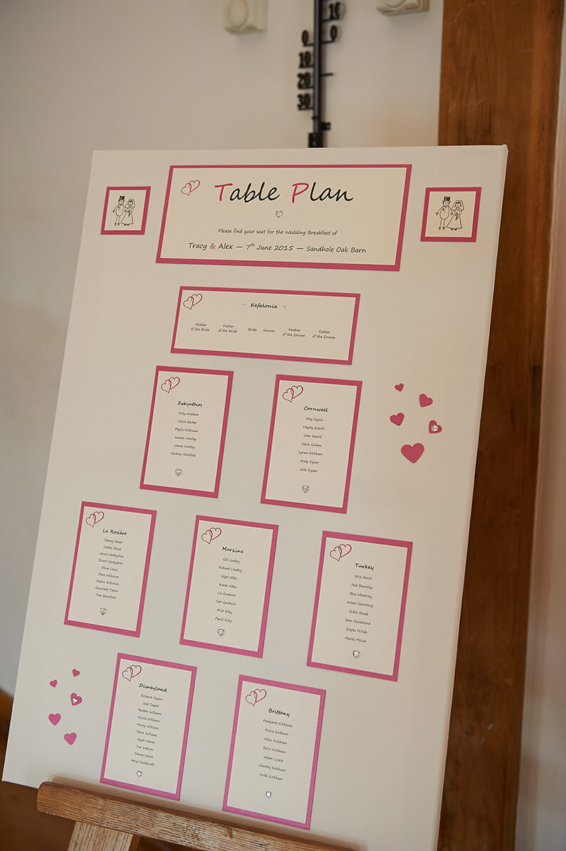 Pink and white wedding table seating plan
