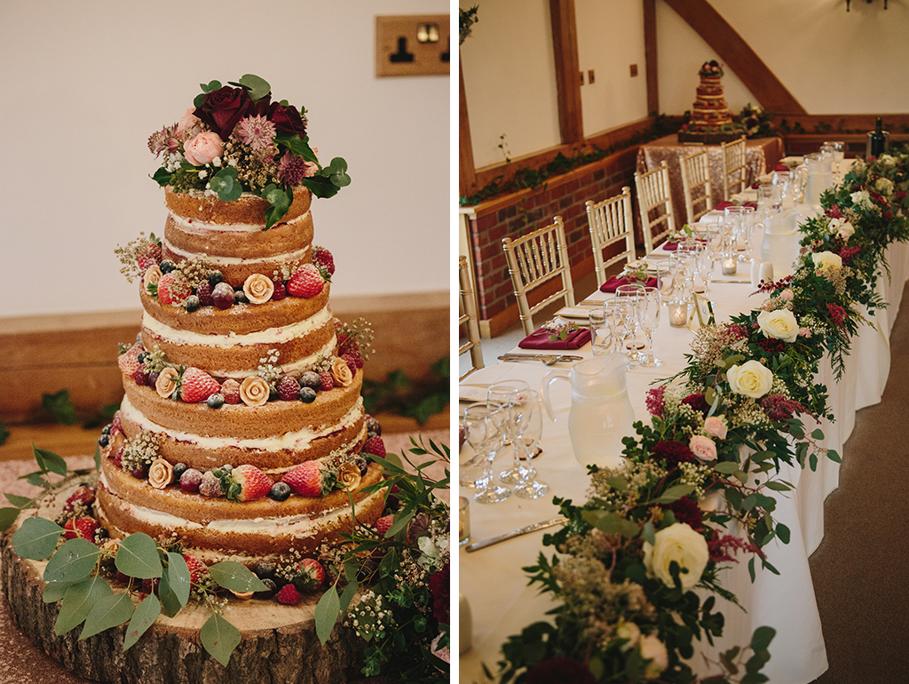 The wedding cake was a four-tier naked sponge decorated with forest fruits and the top table was decorated with garlands of burgundy and pale flowers with lots of pretty foliage