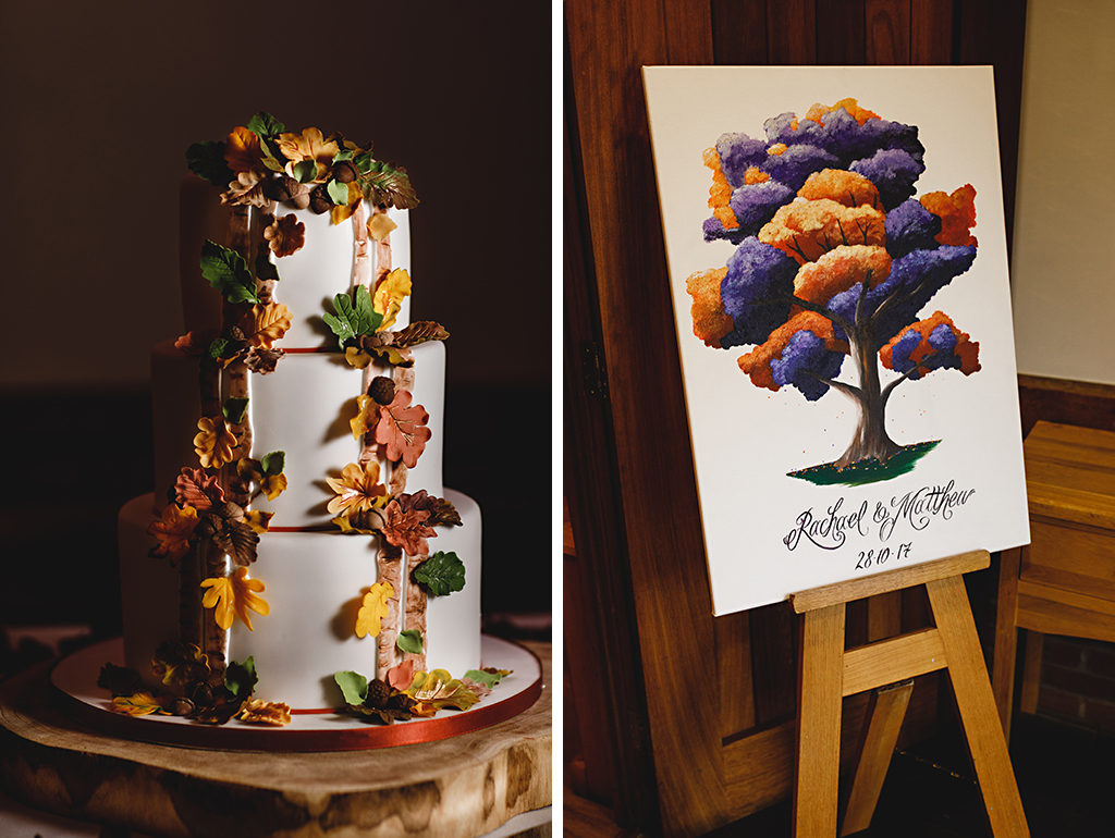 The wedding cake was simply but beautifully decorated with autumnal leaves and the wedding message board was hand painted to match the autumn wedding theme