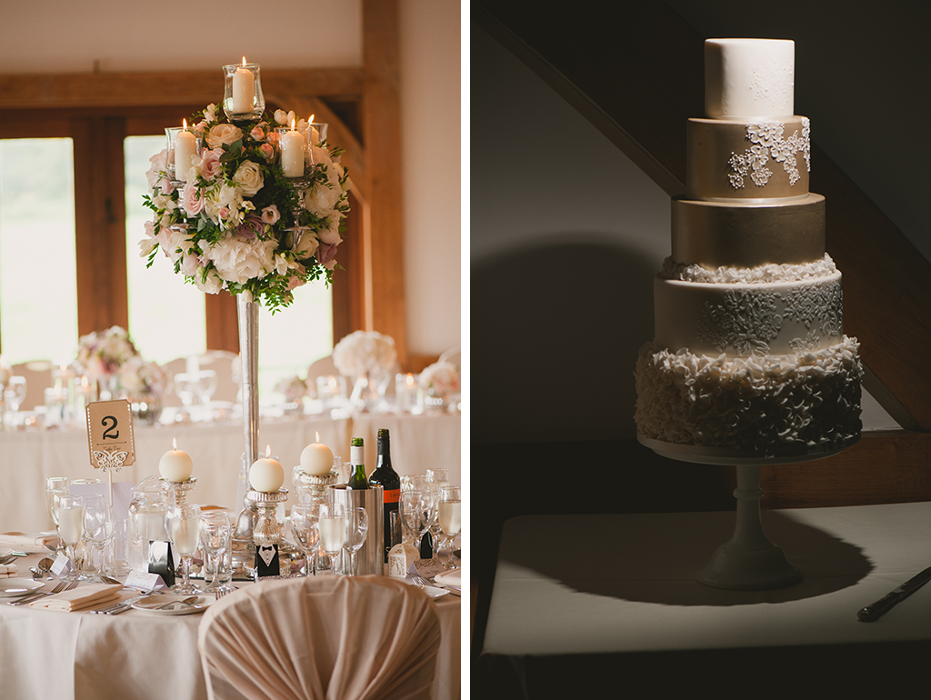 The wedding centrepieces were displayed in tall glass vases and the couple had an impressive five-tier wedding cake!